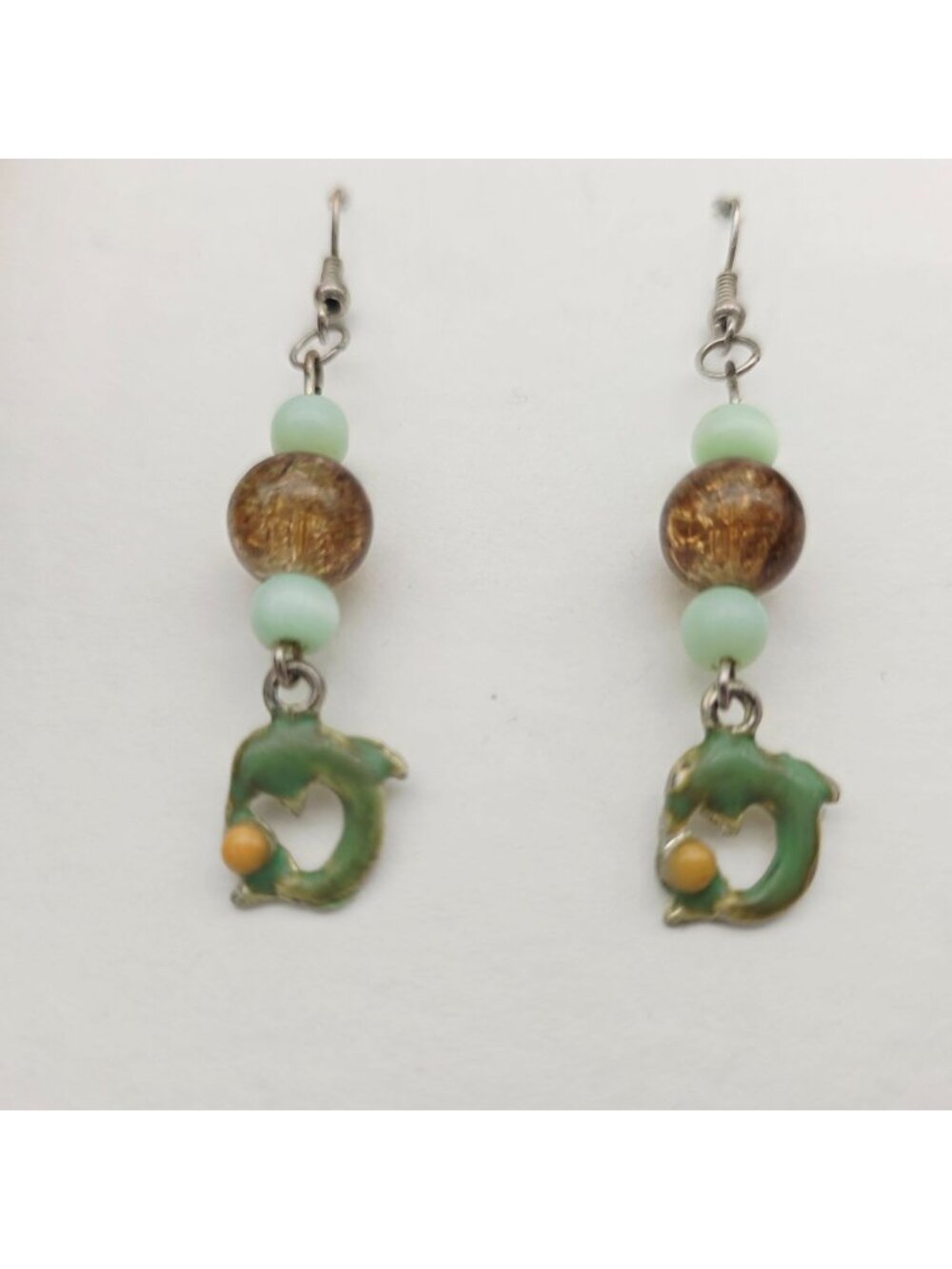 Green & Brown Dolphin Dangle Earrings With Glass Beads & Fishhook Backs